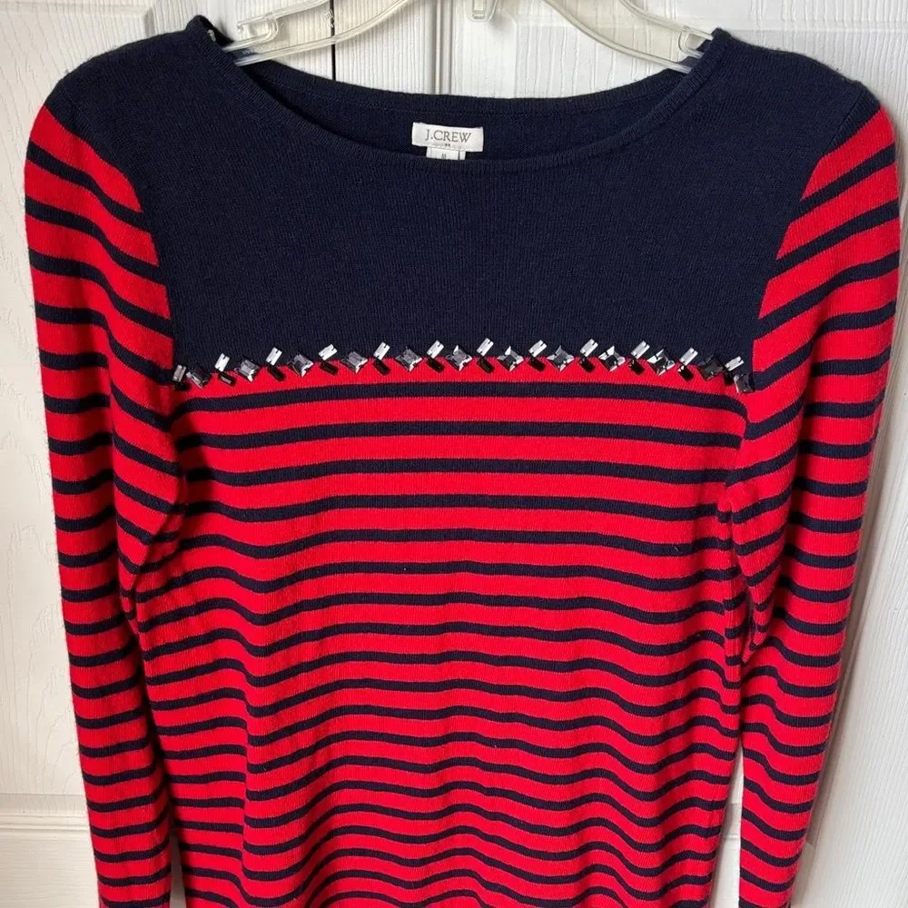 J. Crew Breton-Striped Women's Navy Red Gem Rhinestone sweater wool top Med EUC